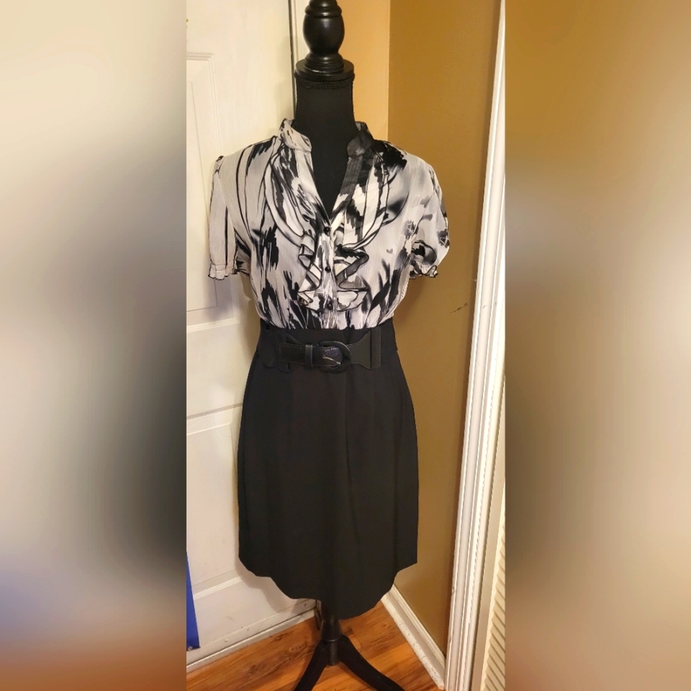 AB Studio Black & White Belted Dress, Size 8